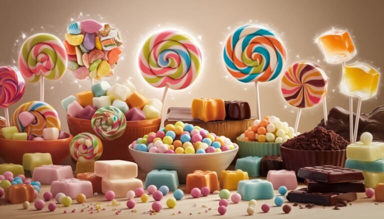 The image features a vibrant assortment of sugar-free candies such as lollipops, hard candies, caramels, taffy, and dark chocolates, all set against a wooden background with a soft pastel and earth-toned color palette, subtly glowing to symbolize wellness and health benefits, creating a warm and inviting atmosphere that reflects a guilt-free indulgence in a health-conscious lifestyle.
