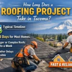 A roofing project in Tacoma with workers installing shingles and a timeline showcasing the typical roofing process.