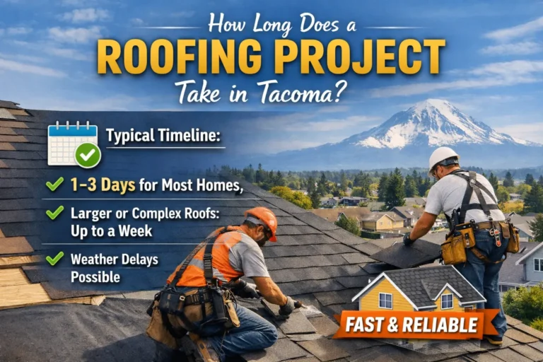 A roofing project in Tacoma with workers installing shingles and a timeline showcasing the typical roofing process.