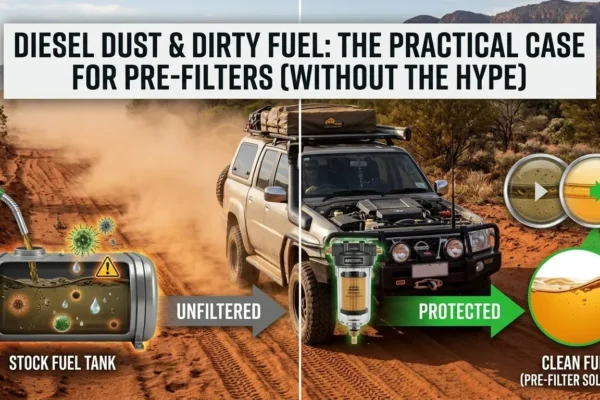 An illustration demonstrating unfiltered fuel into clean one through pre-filter solution. 