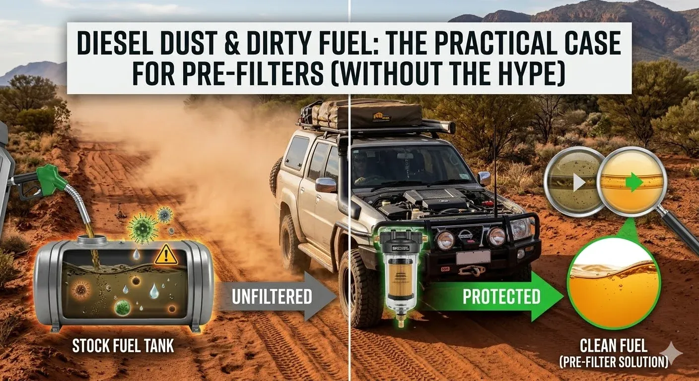 An illustration demonstrating unfiltered fuel into clean one through pre-filter solution. 