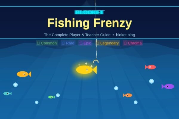 Blooket's Fishing Frenzy mode guide showing fish rarity tiers and a fishing hook with a glowing legendary fish