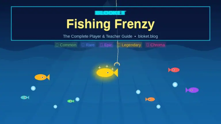 Blooket's Fishing Frenzy mode guide showing fish rarity tiers and a fishing hook with a glowing legendary fish