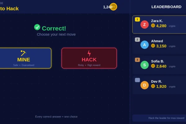 What is Crypto Hack mode in Blooket – game screen showing Mine and Hack buttons with a live crypto leaderboard