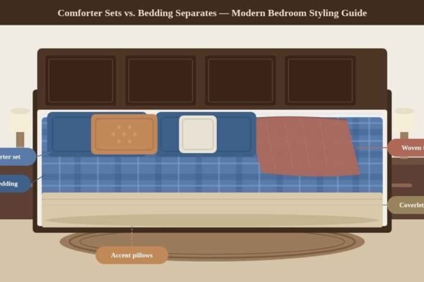 Layered bed with plaid comforter set, coverlet, woven throw and accent pillows for modern bedroom decor