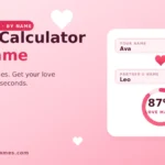 Love calculator by name showing two name fields and an 87% love match score on a heart gauge
