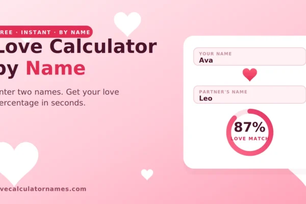 Love calculator by name showing two name fields and an 87% love match score on a heart gauge
