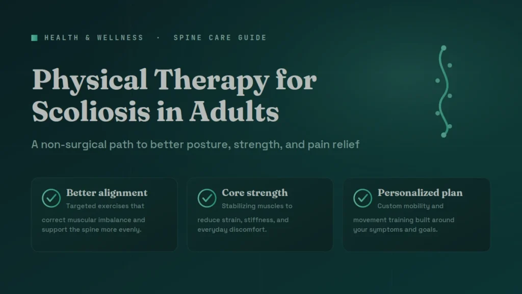 Health guide graphic on physical therapy for scoliosis in adults, covering posture, core strength, and care plans.