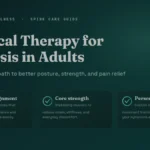 Health guide graphic on physical therapy for scoliosis in adults, covering posture, core strength, and care plans.