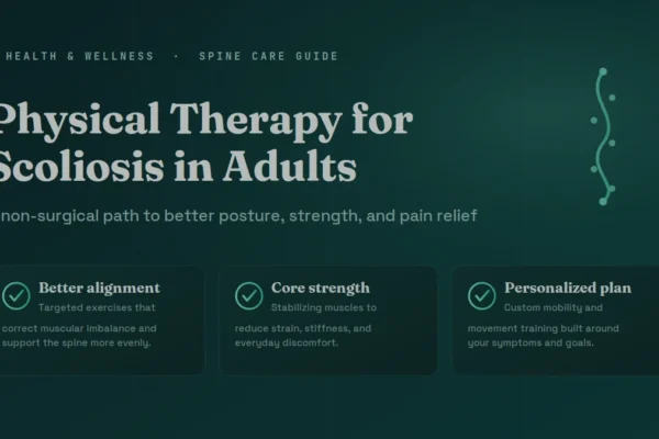 Health guide graphic on physical therapy for scoliosis in adults, covering posture, core strength, and care plans.