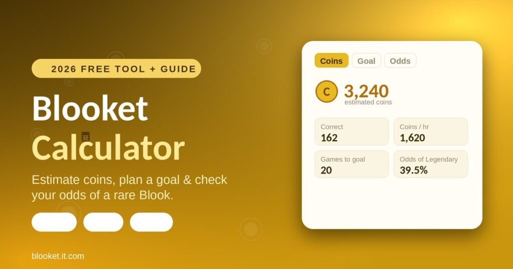 Blooket calculator 2026 — estimate coins per game, plan a coin goal, and check Blook box odds
