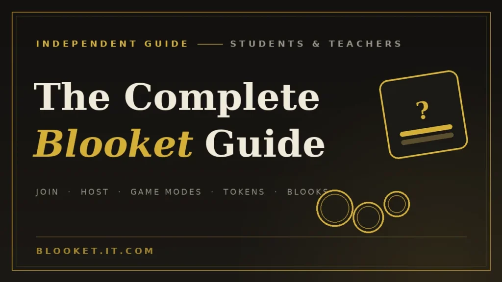 Blooket complete guide cover with gold editorial typography, quiz card and coin graphics on a dark background
