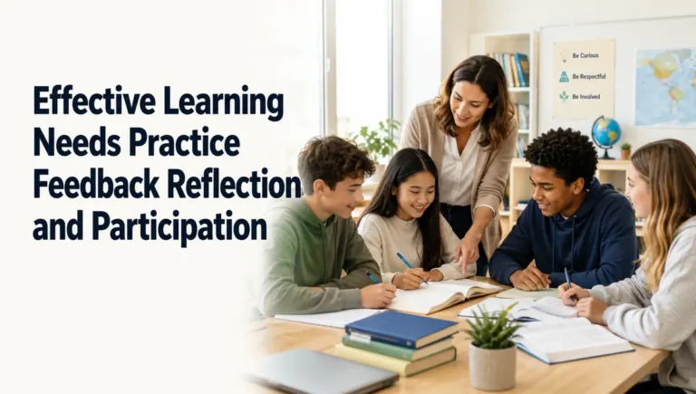 Teacher helping students in classroom with text effective learning needs practice feedback reflection and participation