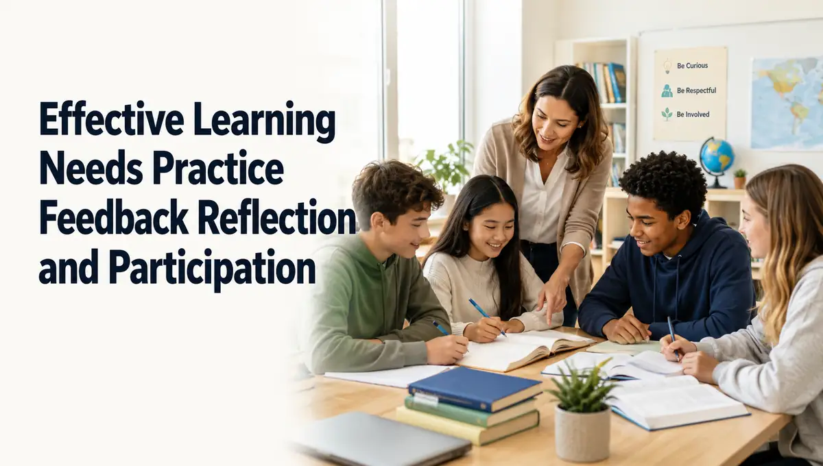 Teacher helping students in classroom with text effective learning needs practice feedback reflection and participation