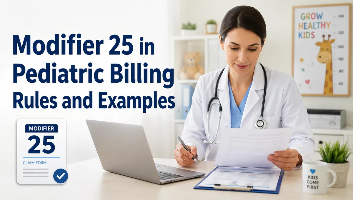 Pediatric doctor reviewing billing documents for Modifier 25 rules and examples