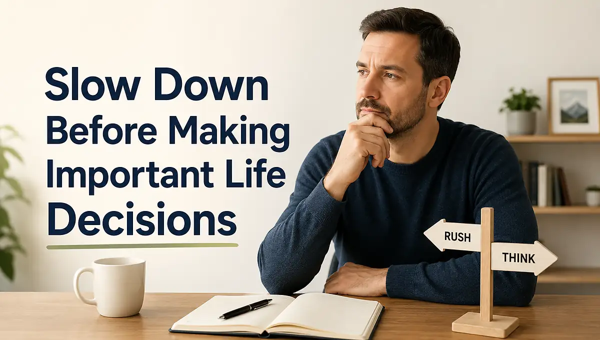 Man thinking at desk before making an important life decision with text slow down before making important life decisions