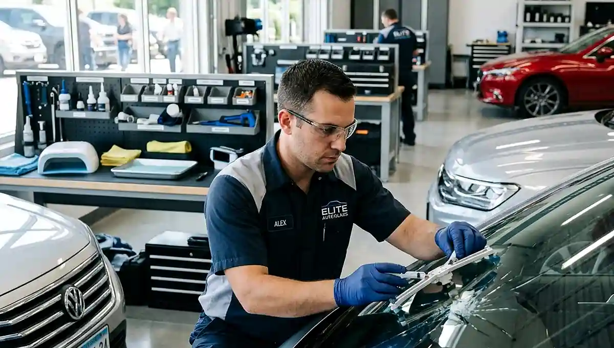 Windshield technician repairing a small crack before it spreads