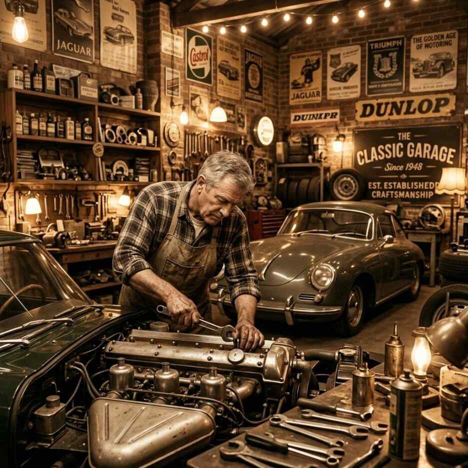 Classic car maintenance performed by an experienced technician