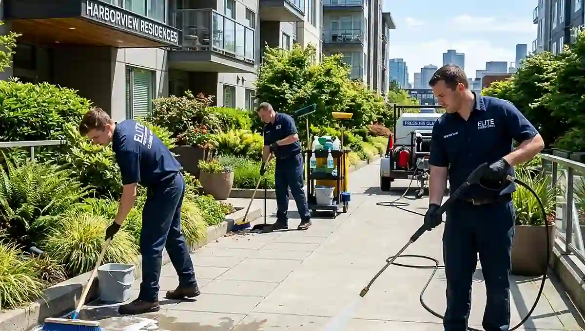 Clean apartment breezeway and walkway maintenance in a Seattle community