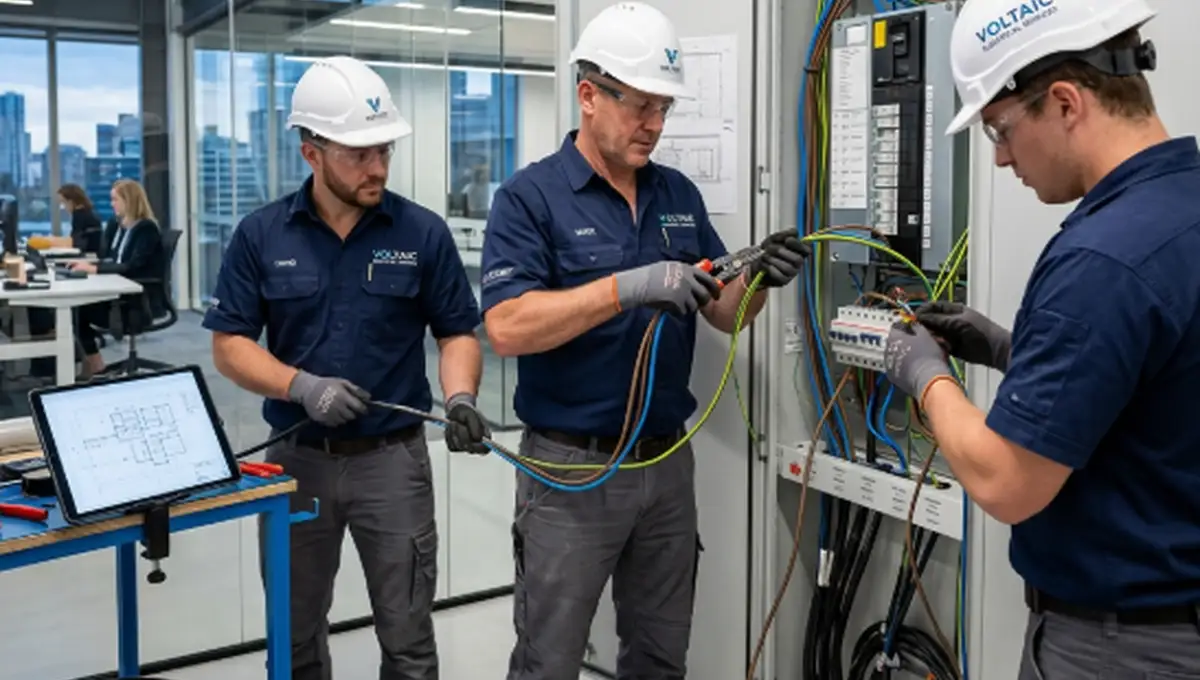 Commercial electricians working on electrical panel wiring