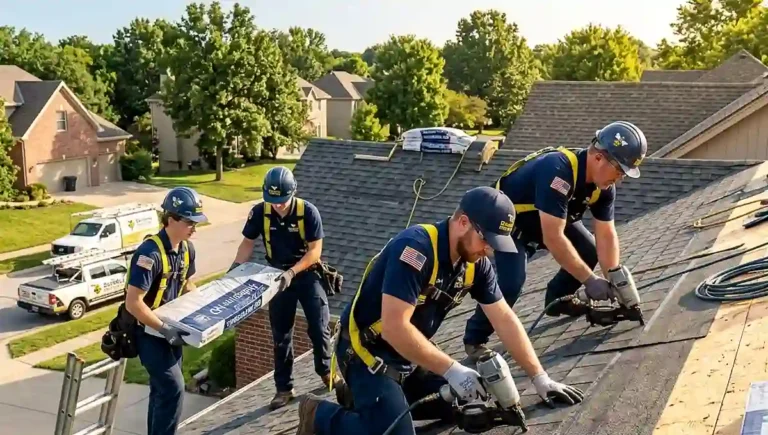 Roofing professionals inspecting a residential roof in Kansas City