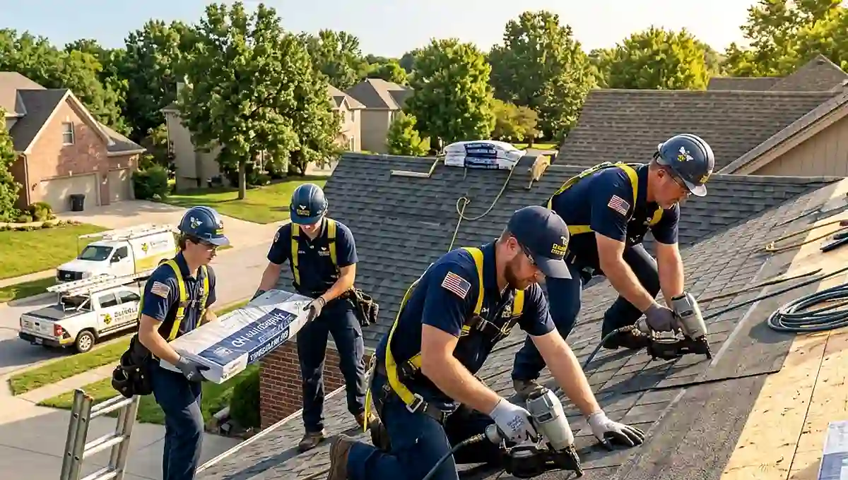Roofing professionals inspecting a residential roof in Kansas City