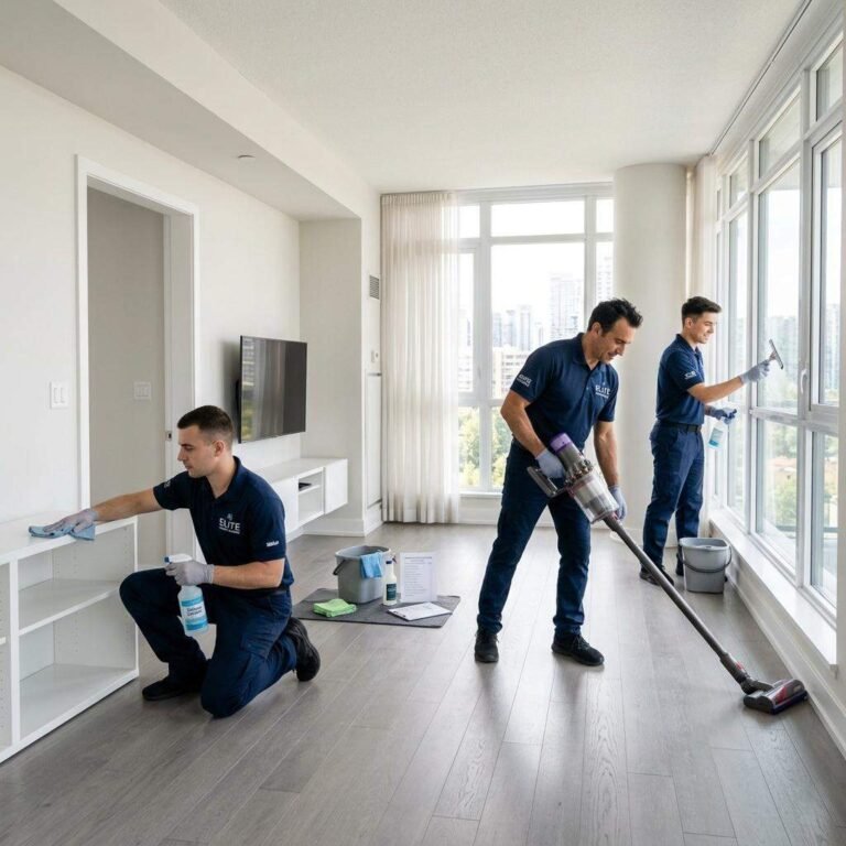 Move out cleaning team vacuuming floors, wiping shelves and cleaning apartment windows