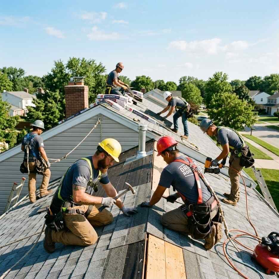 Professional roof installation on a residential home