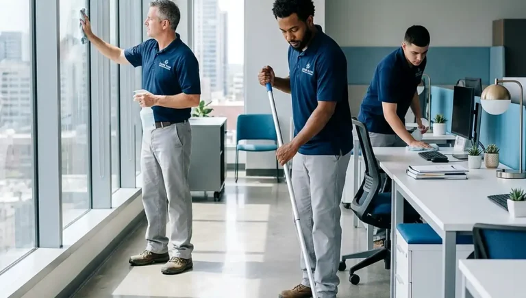 Professional commercial cleaners maintaining a spotless office workspace in San Diego
