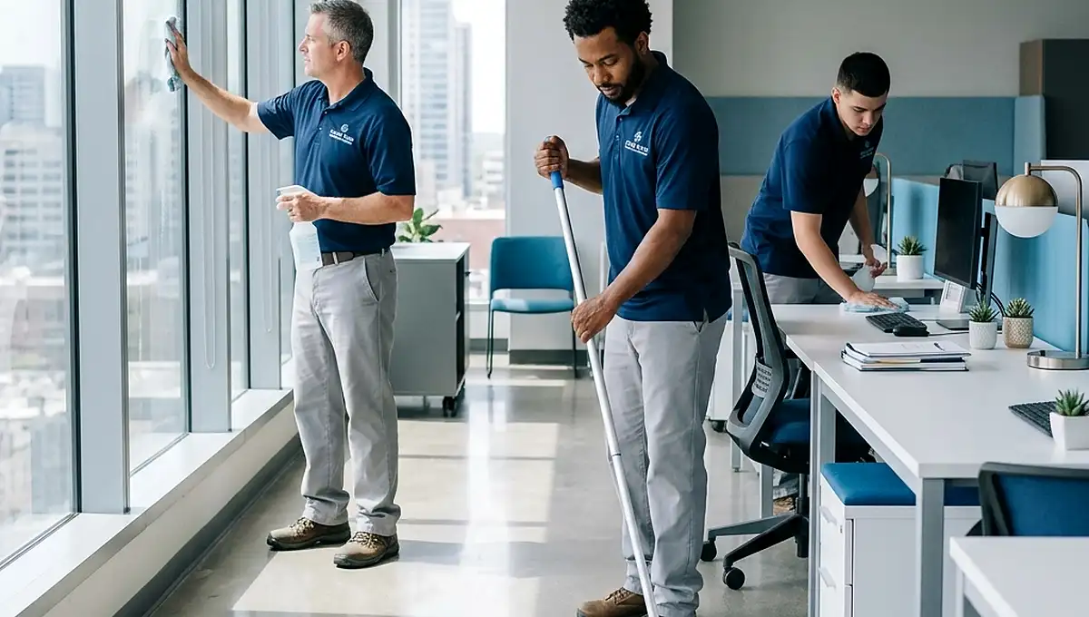 Professional commercial cleaners maintaining a spotless office workspace in San Diego