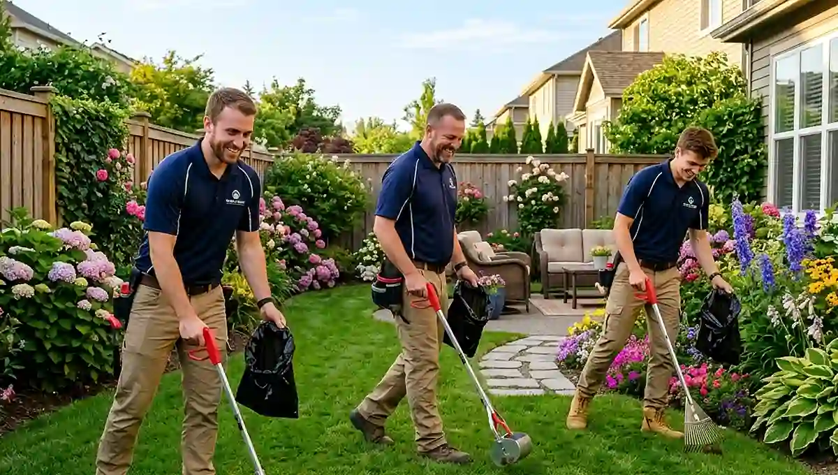 Yard cleanup team removing waste to keep an outdoor space tidy