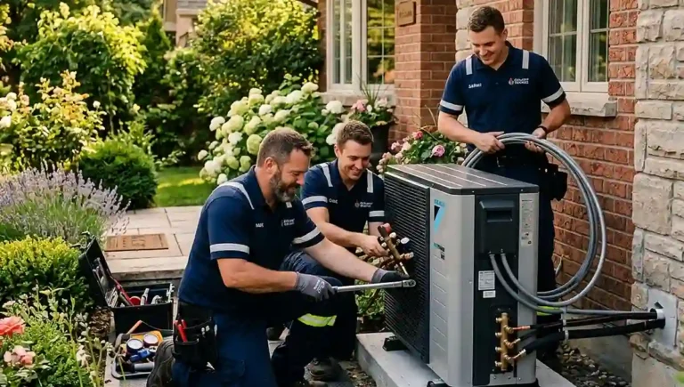 Technician servicing a modern home heat pump system
